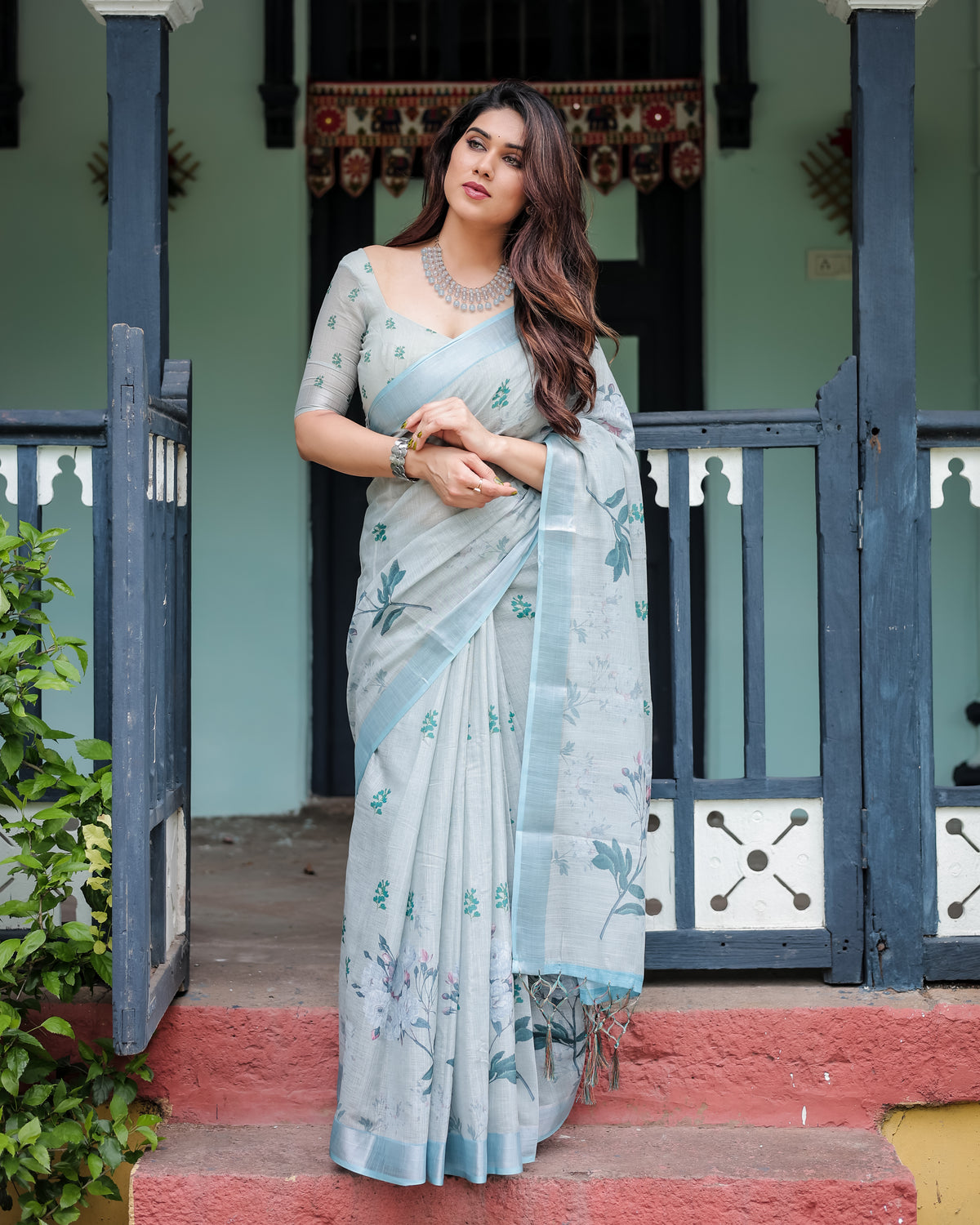 Sky Blue Floral Printed Cotton Saree with Matching Blouse