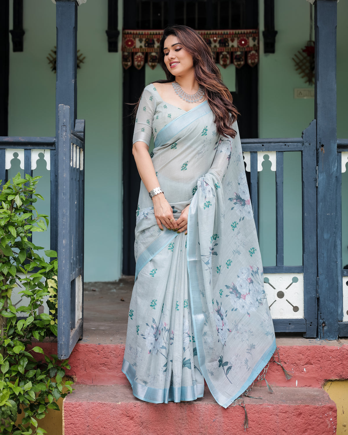 Sky Blue Floral Printed Cotton Saree with Matching Blouse