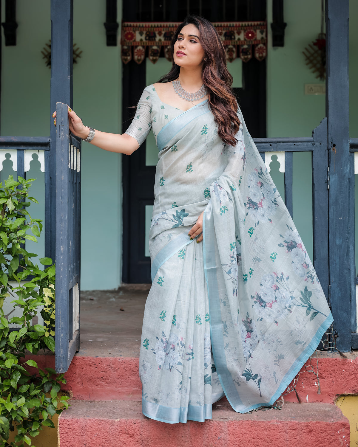 Sky Blue Floral Printed Cotton Saree with Matching Blouse