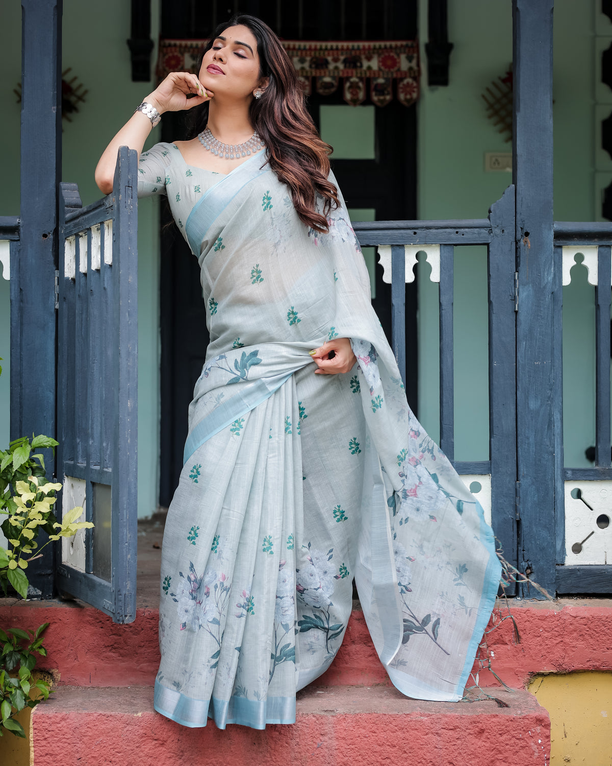 Sky Blue Floral Printed Cotton Saree with Matching Blouse