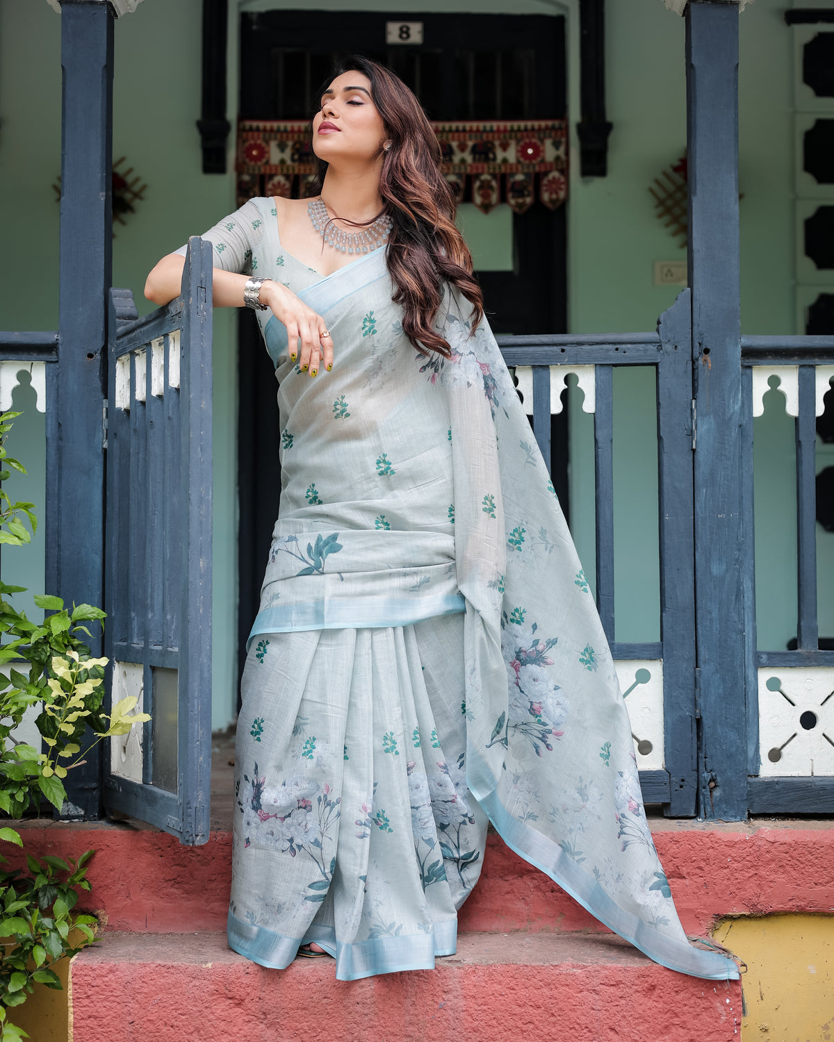 Sky Blue Floral Printed Cotton Saree with Matching Blouse