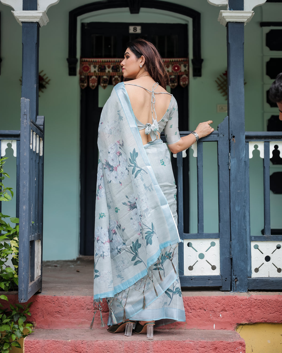 Sky Blue Floral Printed Cotton Saree with Matching Blouse
