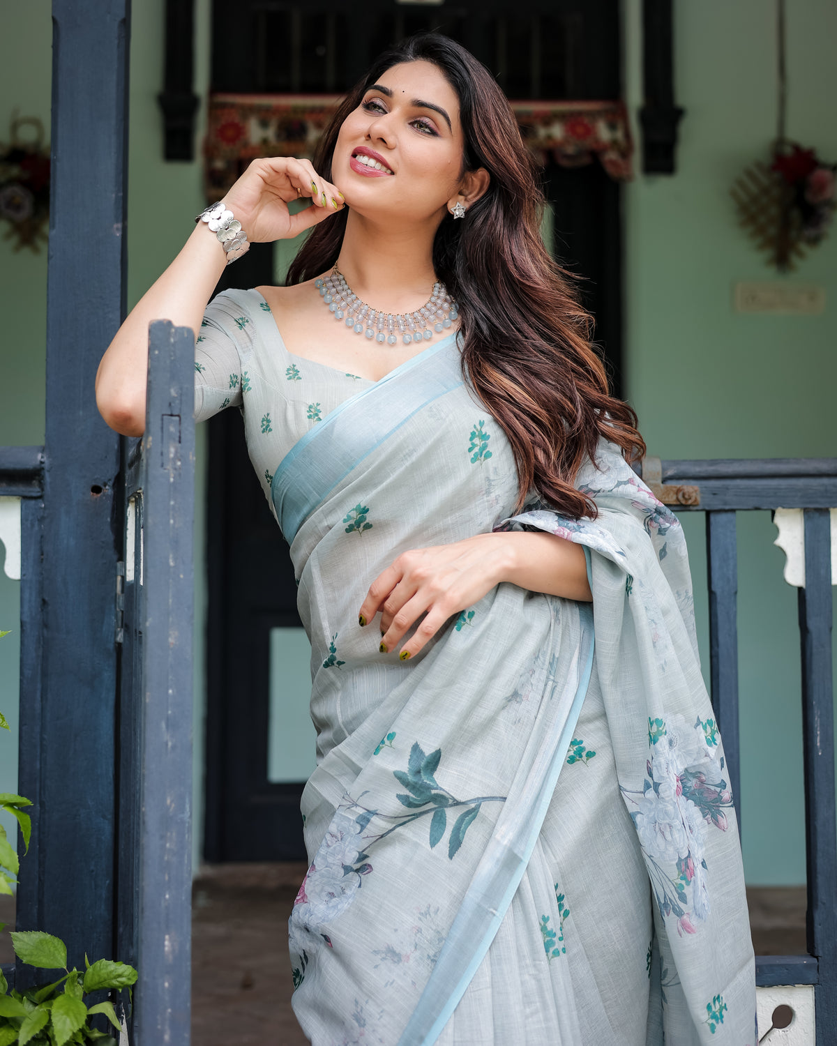 Sky Blue Floral Printed Cotton Saree with Matching Blouse