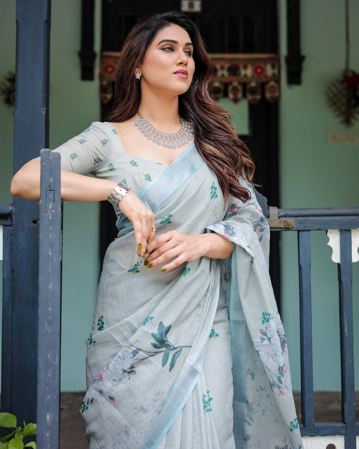 Sky Blue Floral Printed Cotton Saree with Matching Blouse