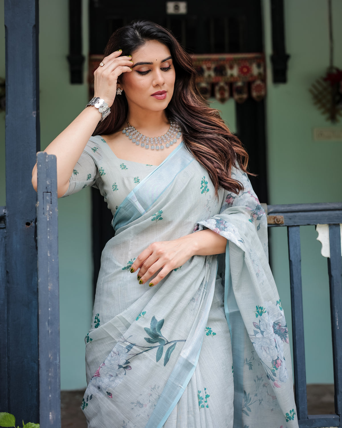 Sky Blue Floral Printed Cotton Saree with Matching Blouse