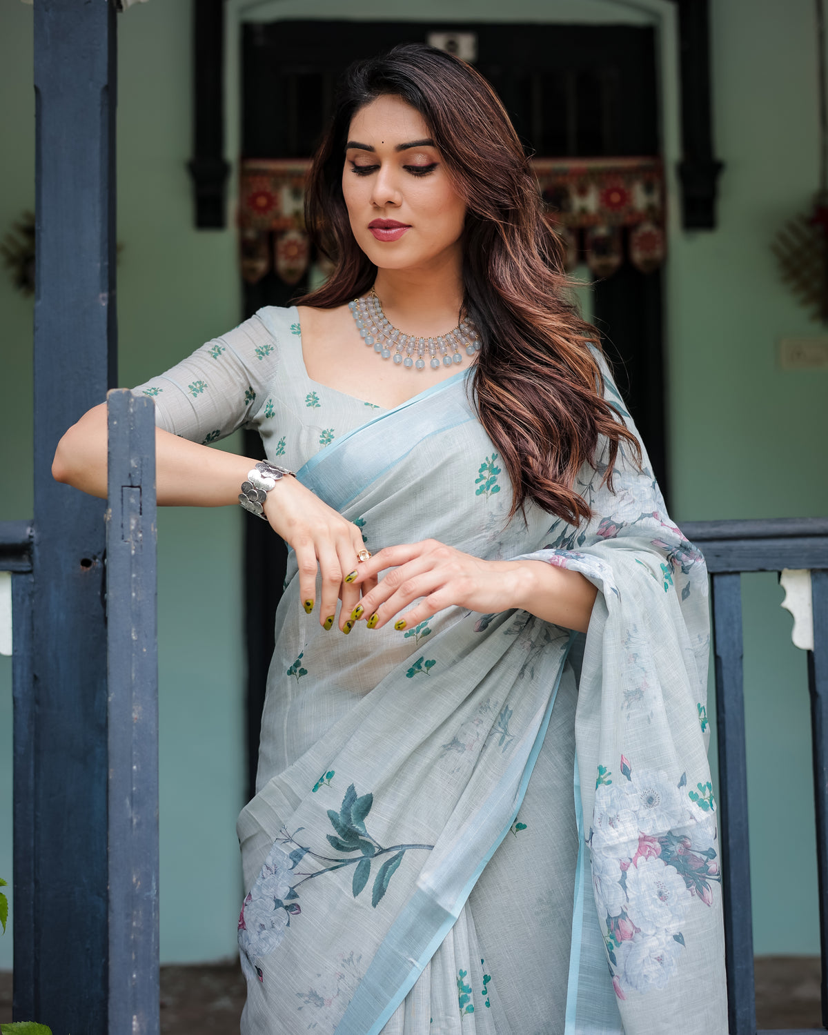 Sky Blue Floral Printed Cotton Saree with Matching Blouse