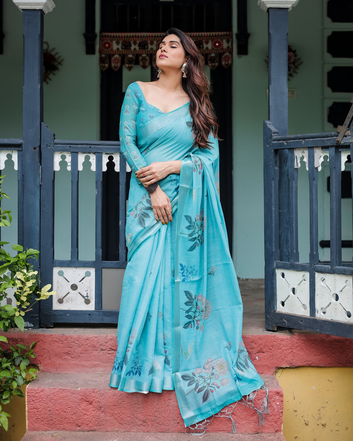 Sky Blue Floral Printed Saree with Matching Blouse