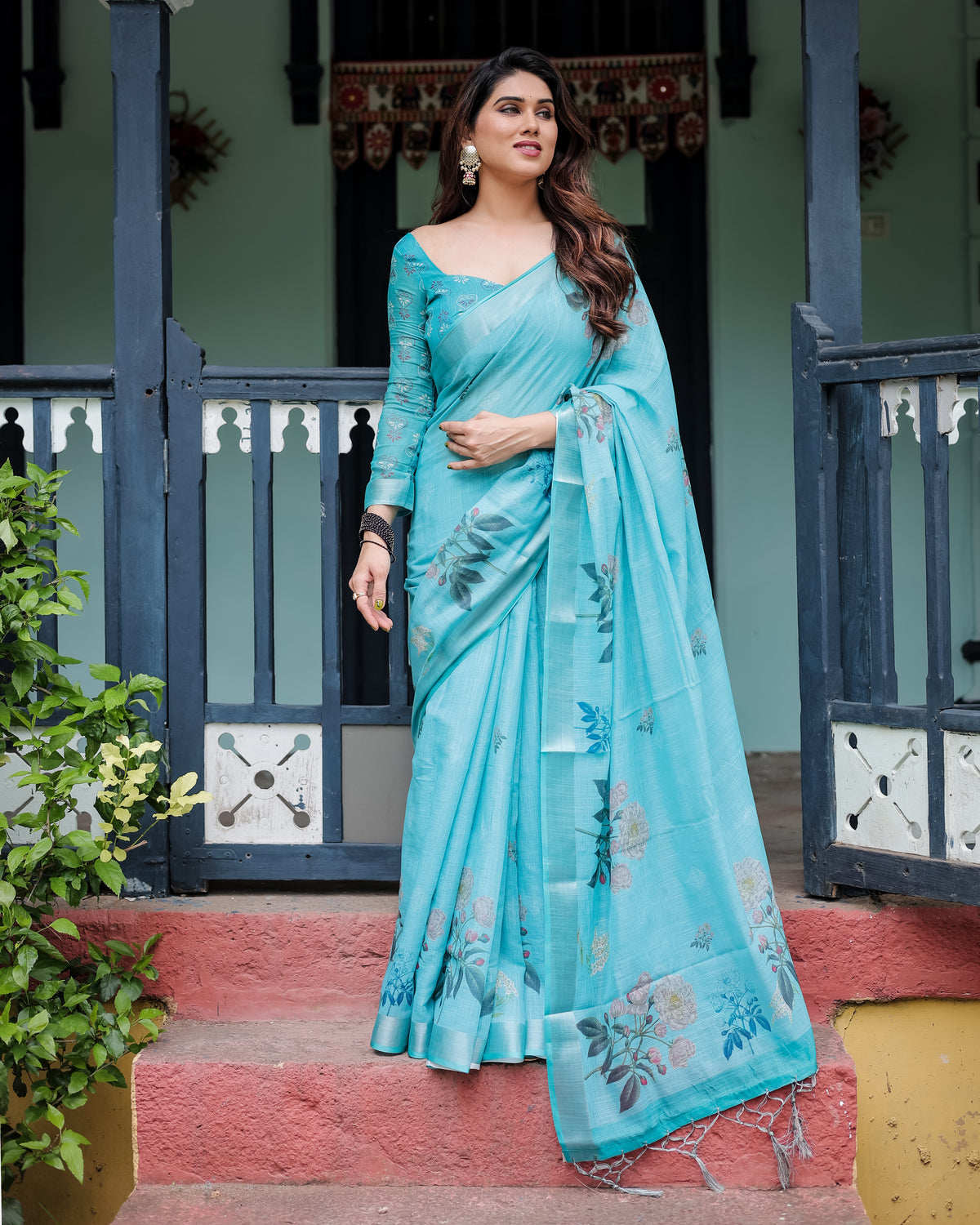 Sky Blue Floral Printed Saree with Matching Blouse