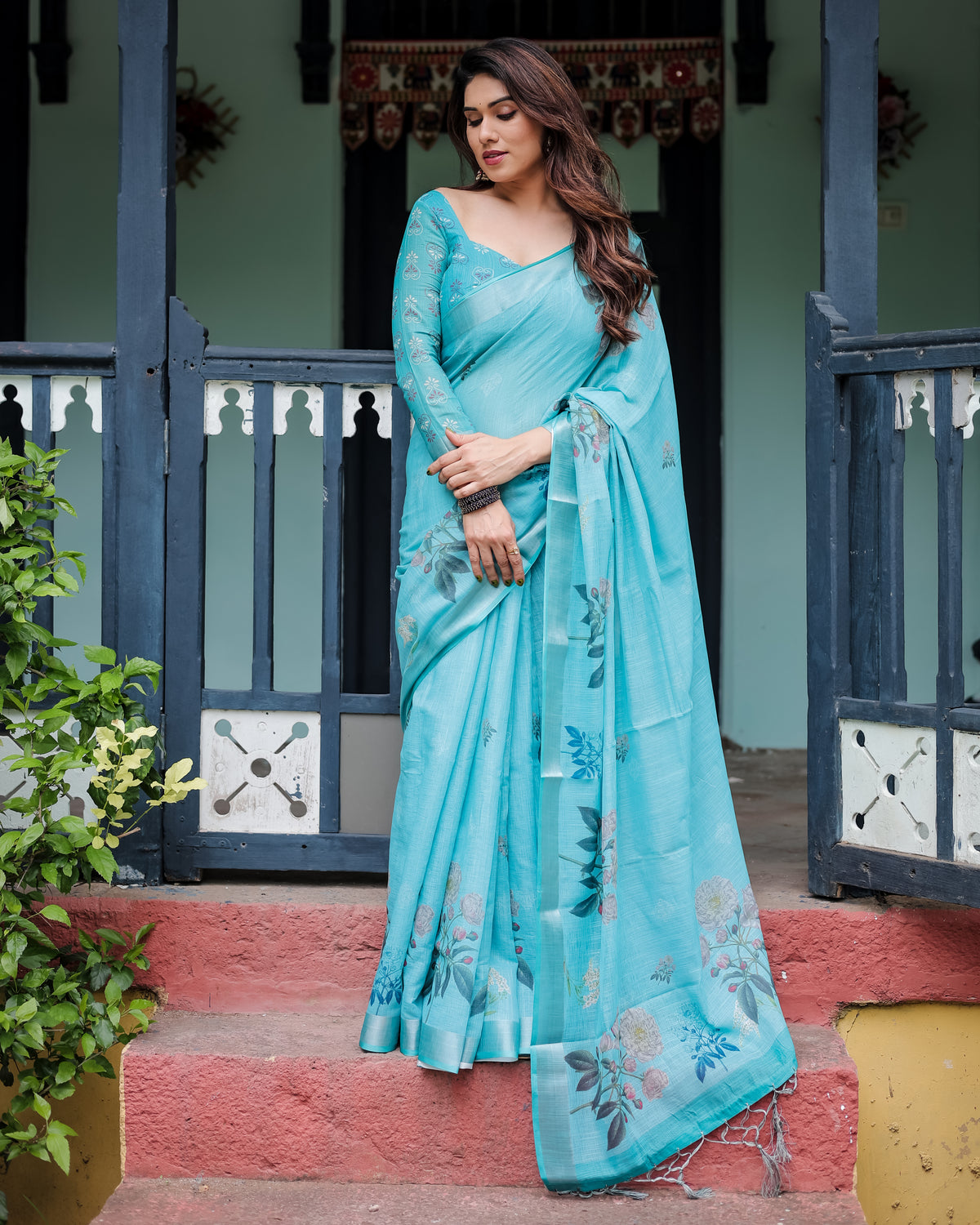 Sky Blue Floral Printed Saree with Matching Blouse