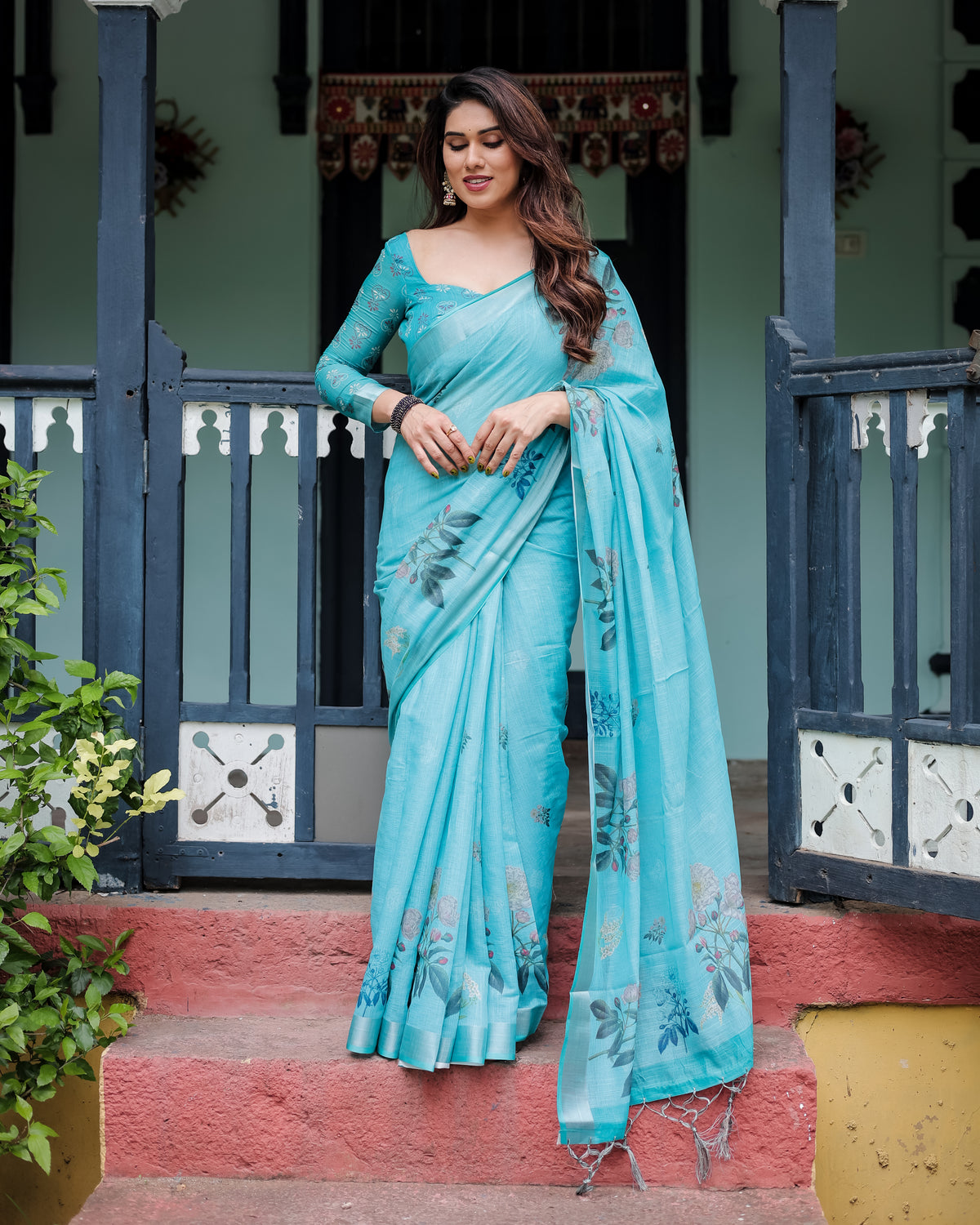 Sky Blue Floral Printed Saree with Matching Blouse