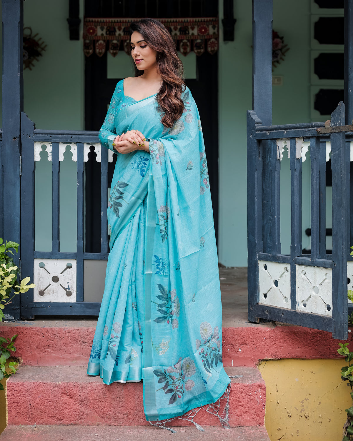 Sky Blue Floral Printed Saree with Matching Blouse