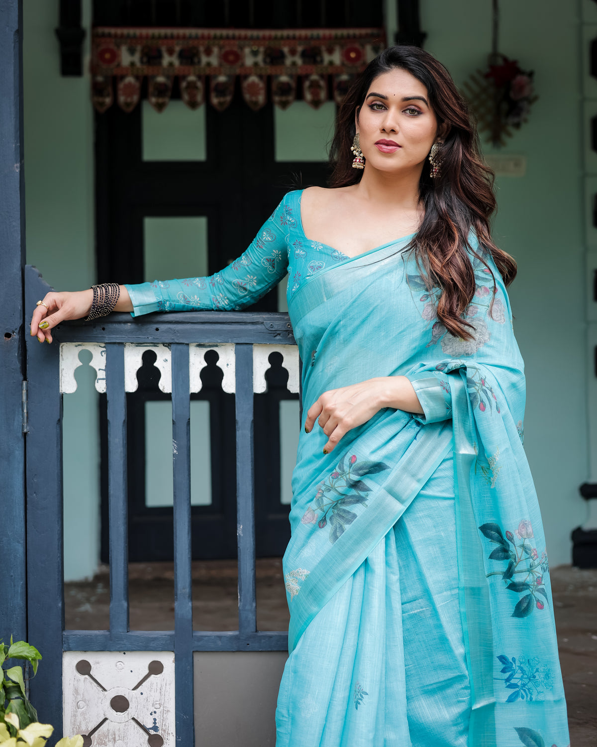 Sky Blue Floral Printed Saree with Matching Blouse