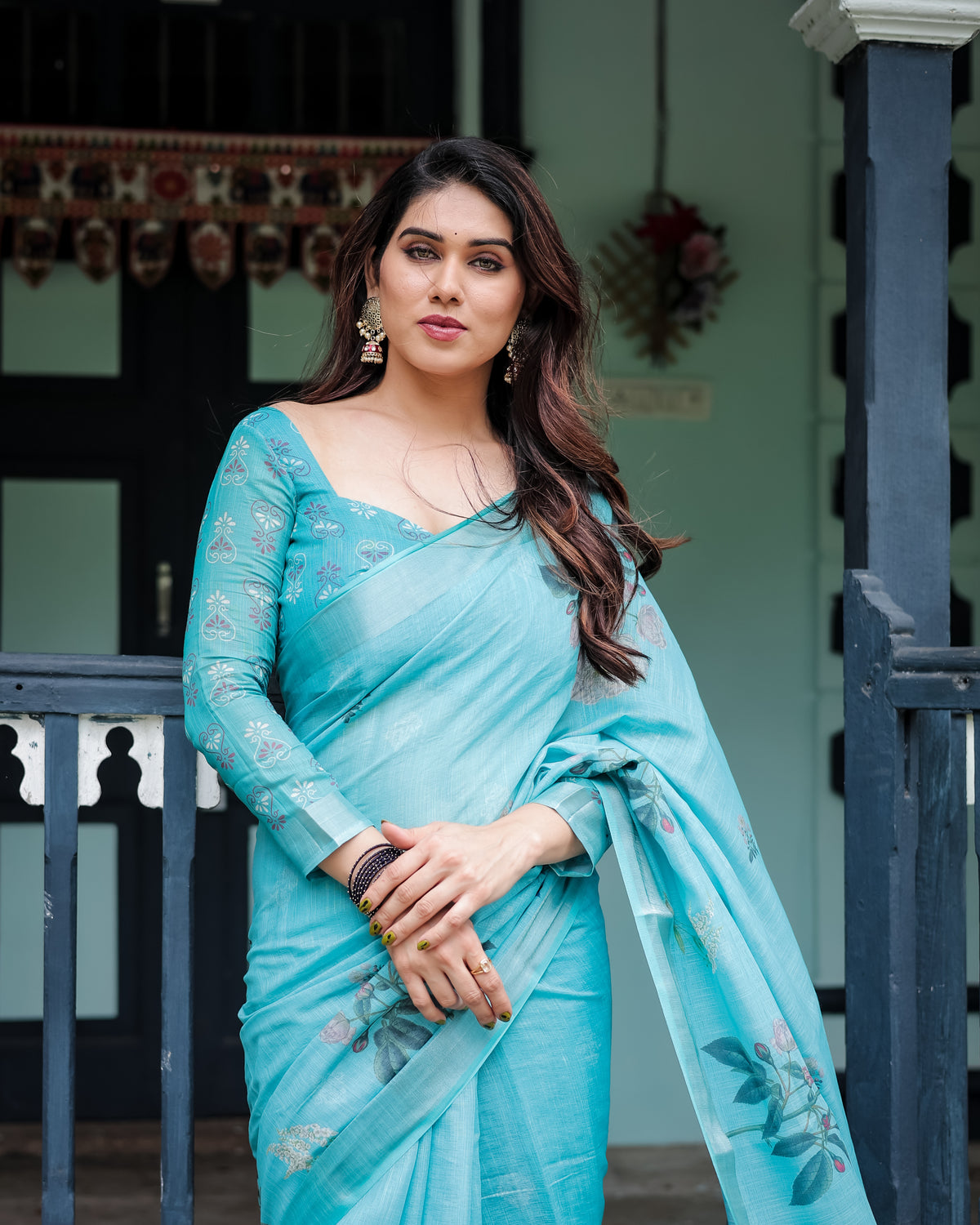 Sky Blue Floral Printed Saree with Matching Blouse