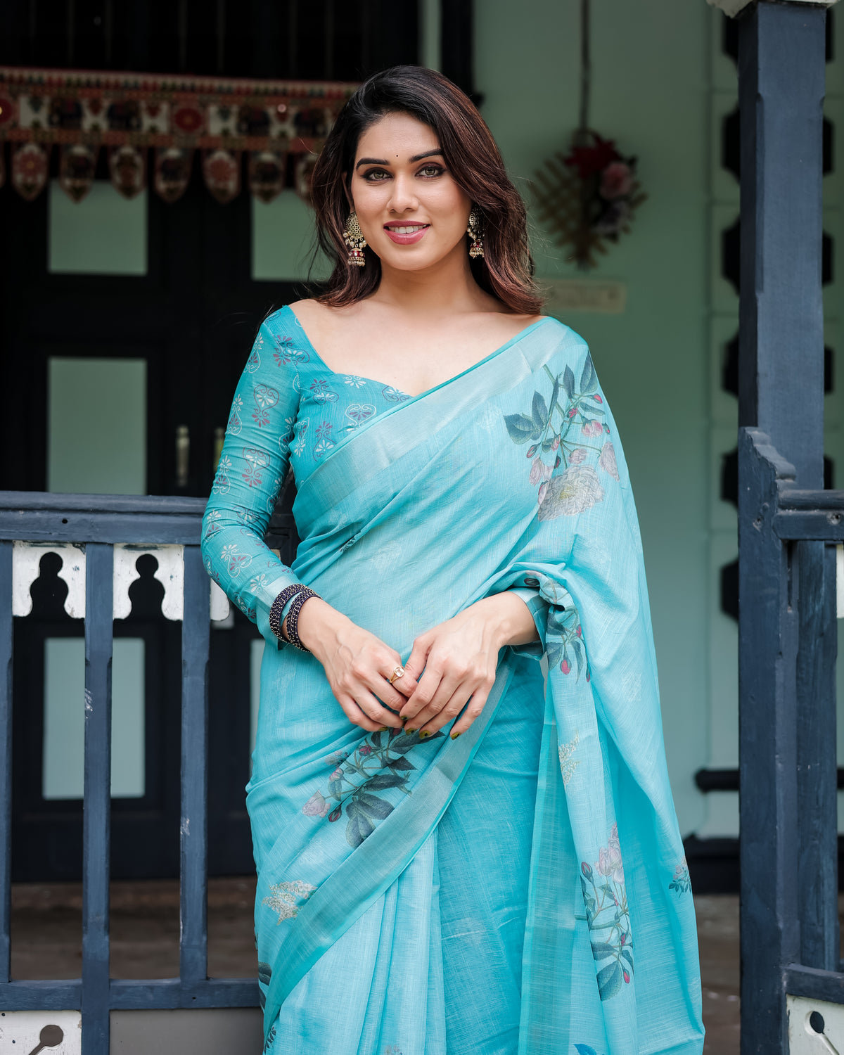 Sky Blue Floral Printed Saree with Matching Blouse