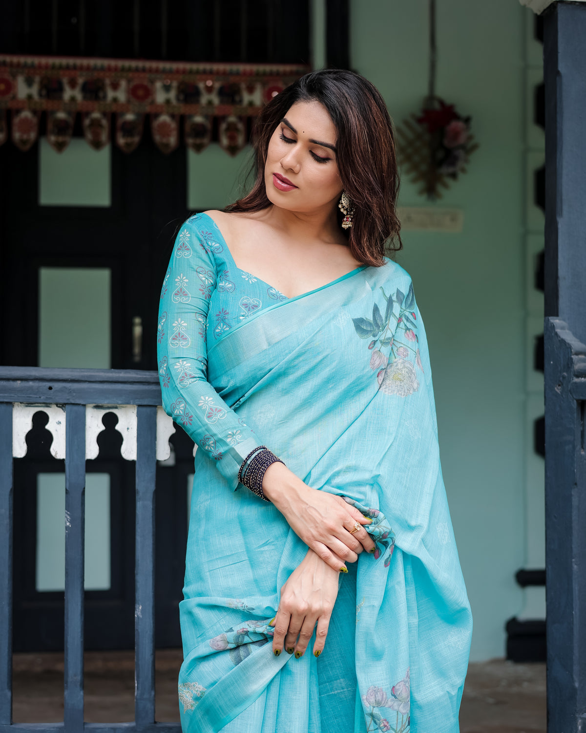 Sky Blue Floral Printed Saree with Matching Blouse