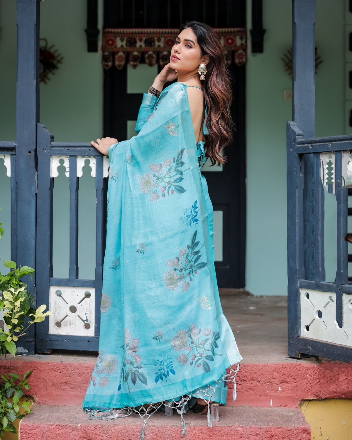 Sky Blue Floral Printed Saree with Matching Blouse