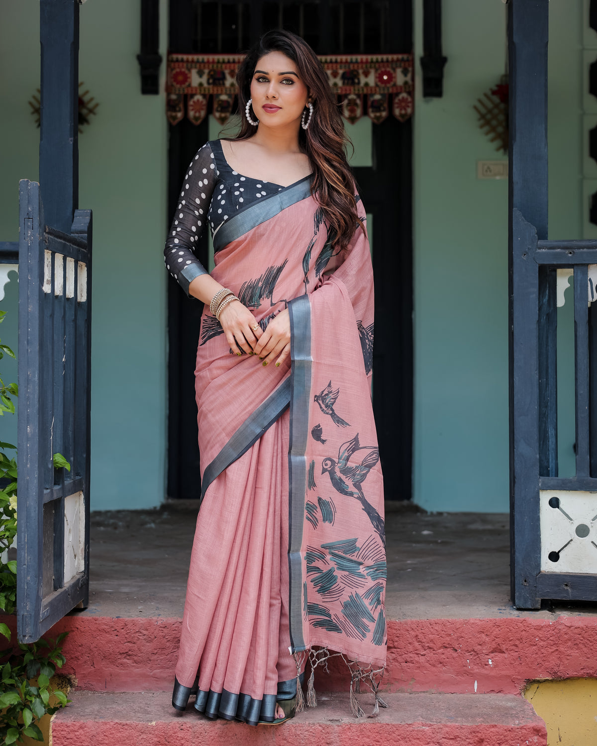 Pink Printed Linen Saree with Grey Border