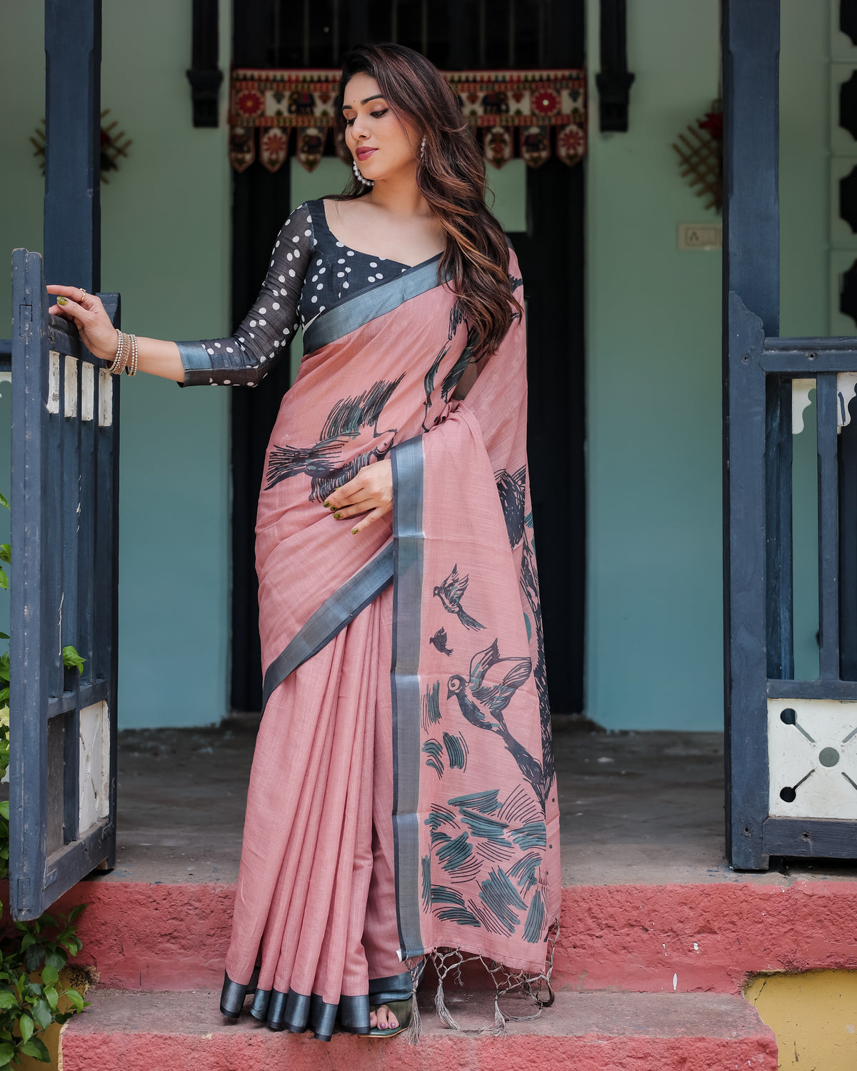 Pink Printed Linen Saree with Grey Border