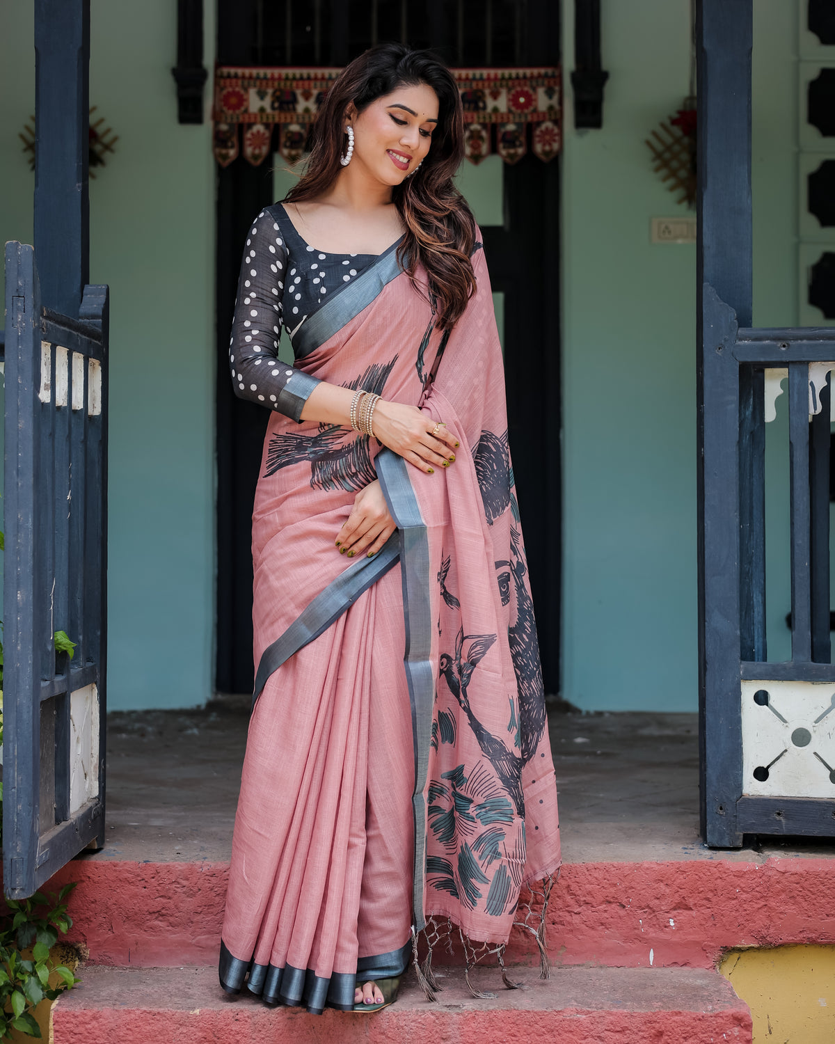 Pink Printed Linen Saree with Grey Border