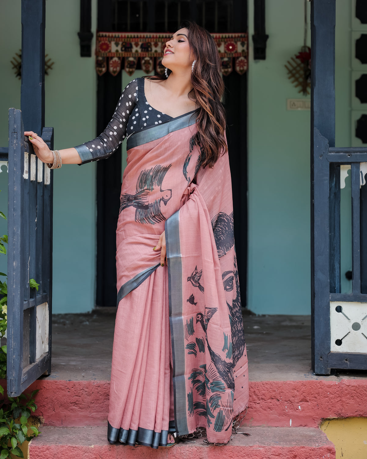 Pink Printed Linen Saree with Grey Border