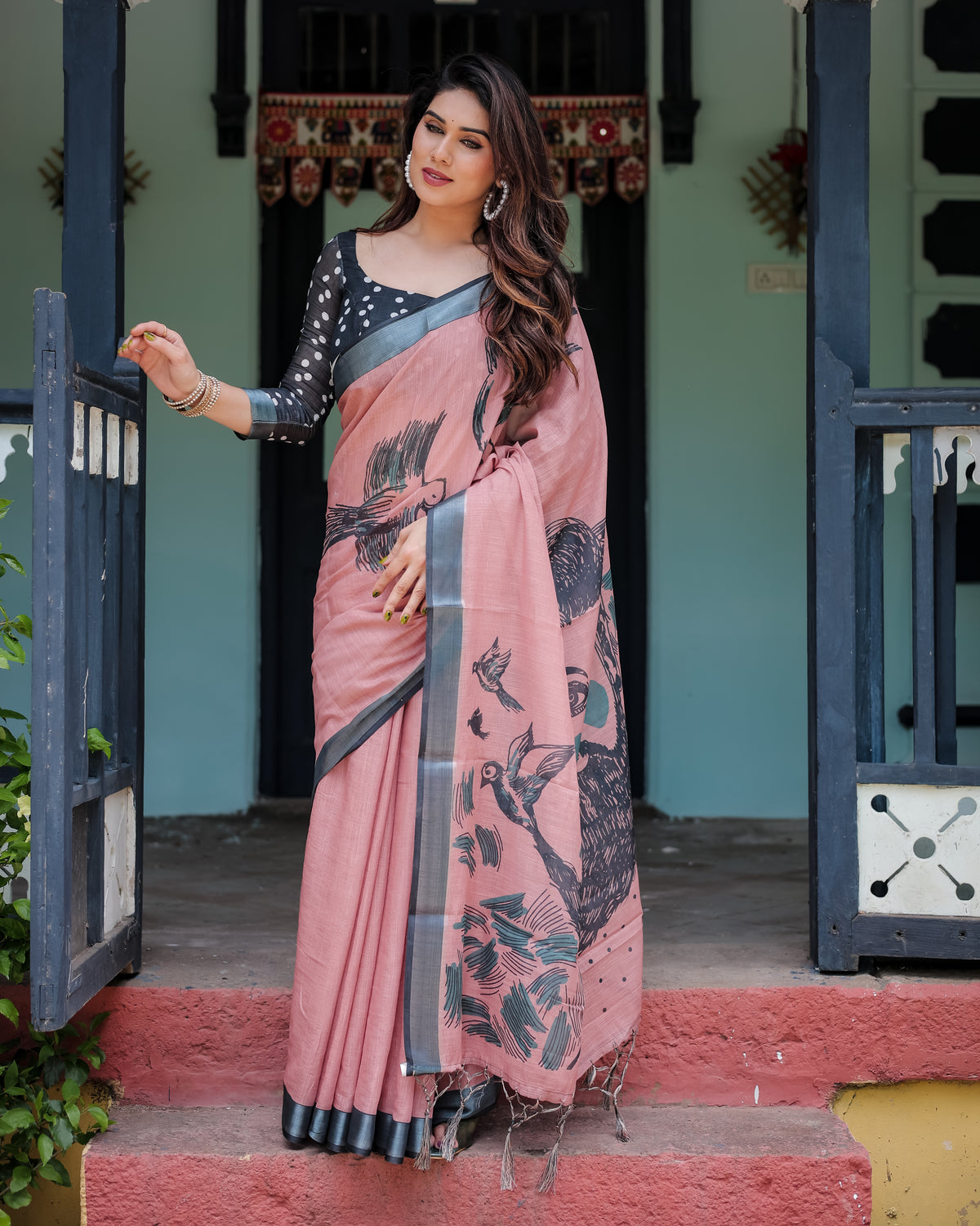 Pink Printed Linen Saree with Grey Border