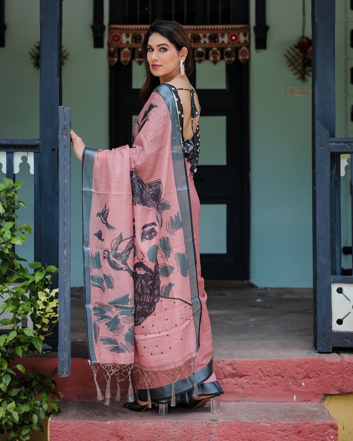 Pink Printed Linen Saree with Grey Border