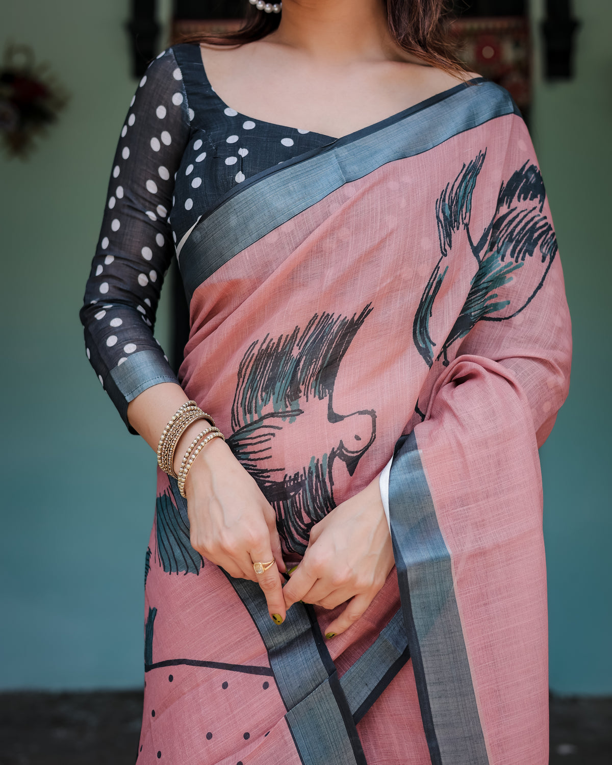 Pink Printed Linen Saree with Grey Border
