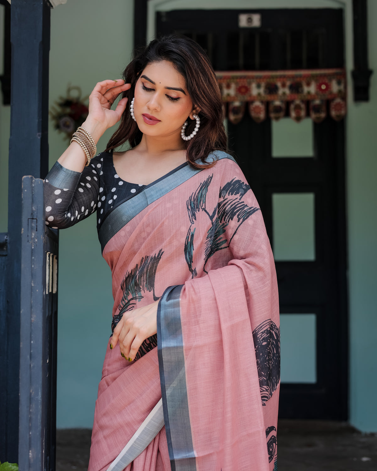 Pink Printed Linen Saree with Grey Border