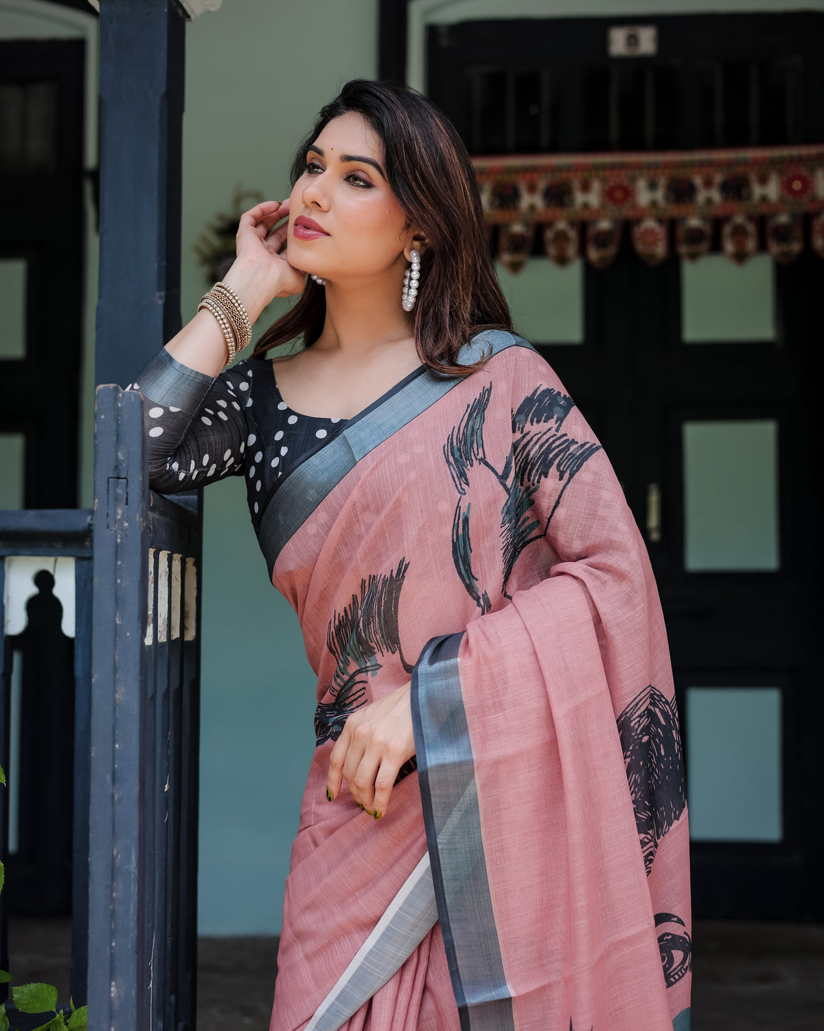 Pink Printed Linen Saree with Grey Border