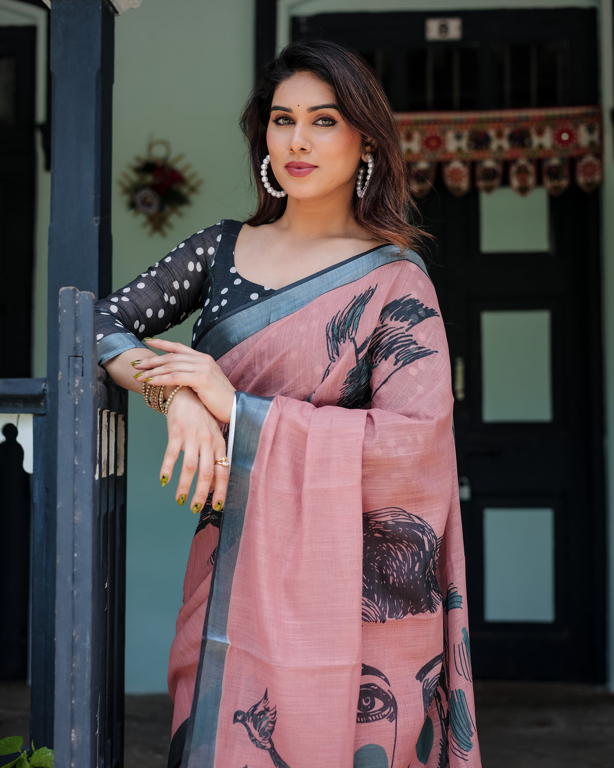Pink Printed Linen Saree with Grey Border