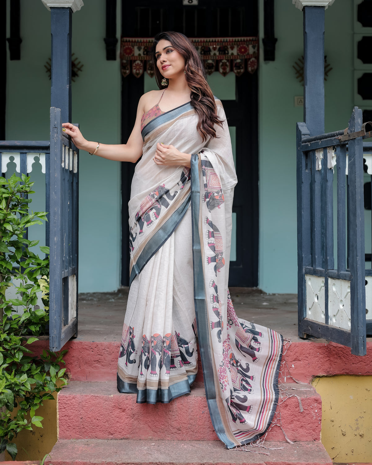 White Printed Saree with Elephant Motif and Grey Border
