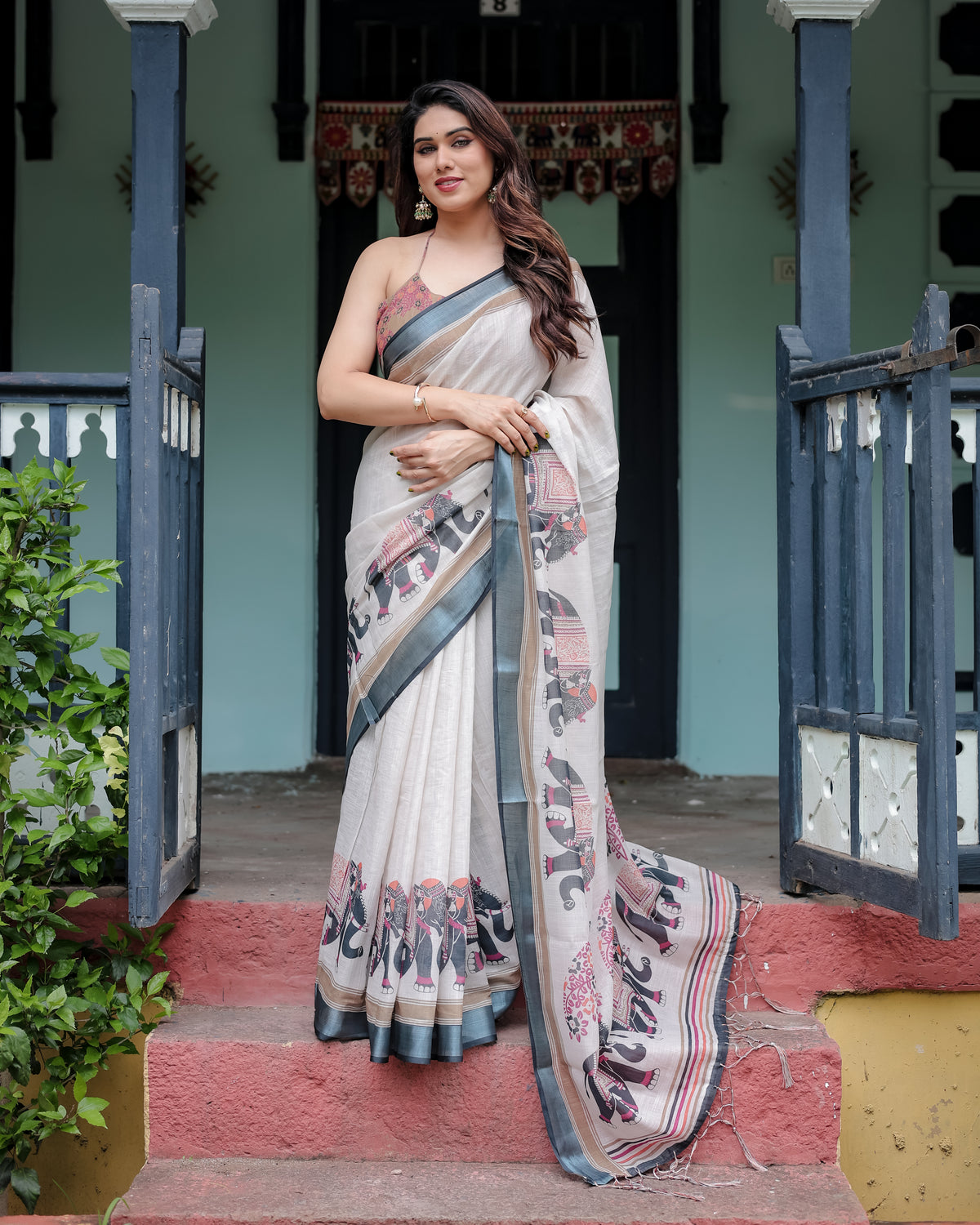 White Printed Saree with Elephant Motif and Grey Border