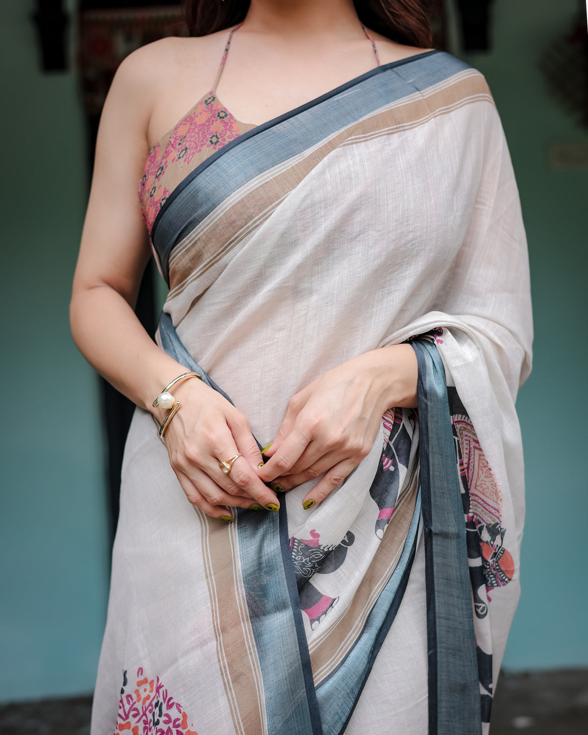 White Printed Saree with Elephant Motif and Grey Border