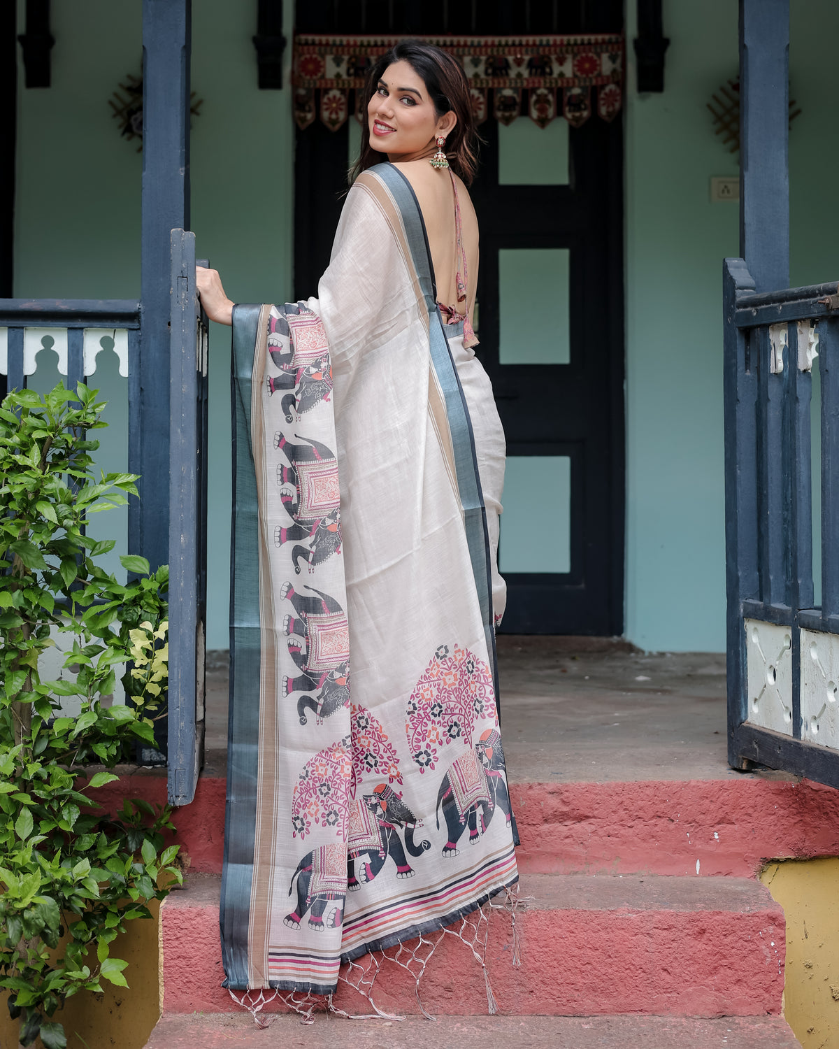 White Printed Saree with Elephant Motif and Grey Border