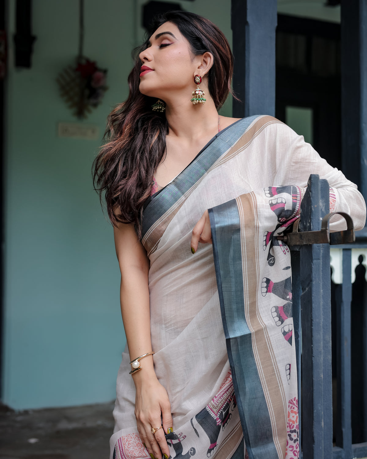 White Printed Saree with Elephant Motif and Grey Border