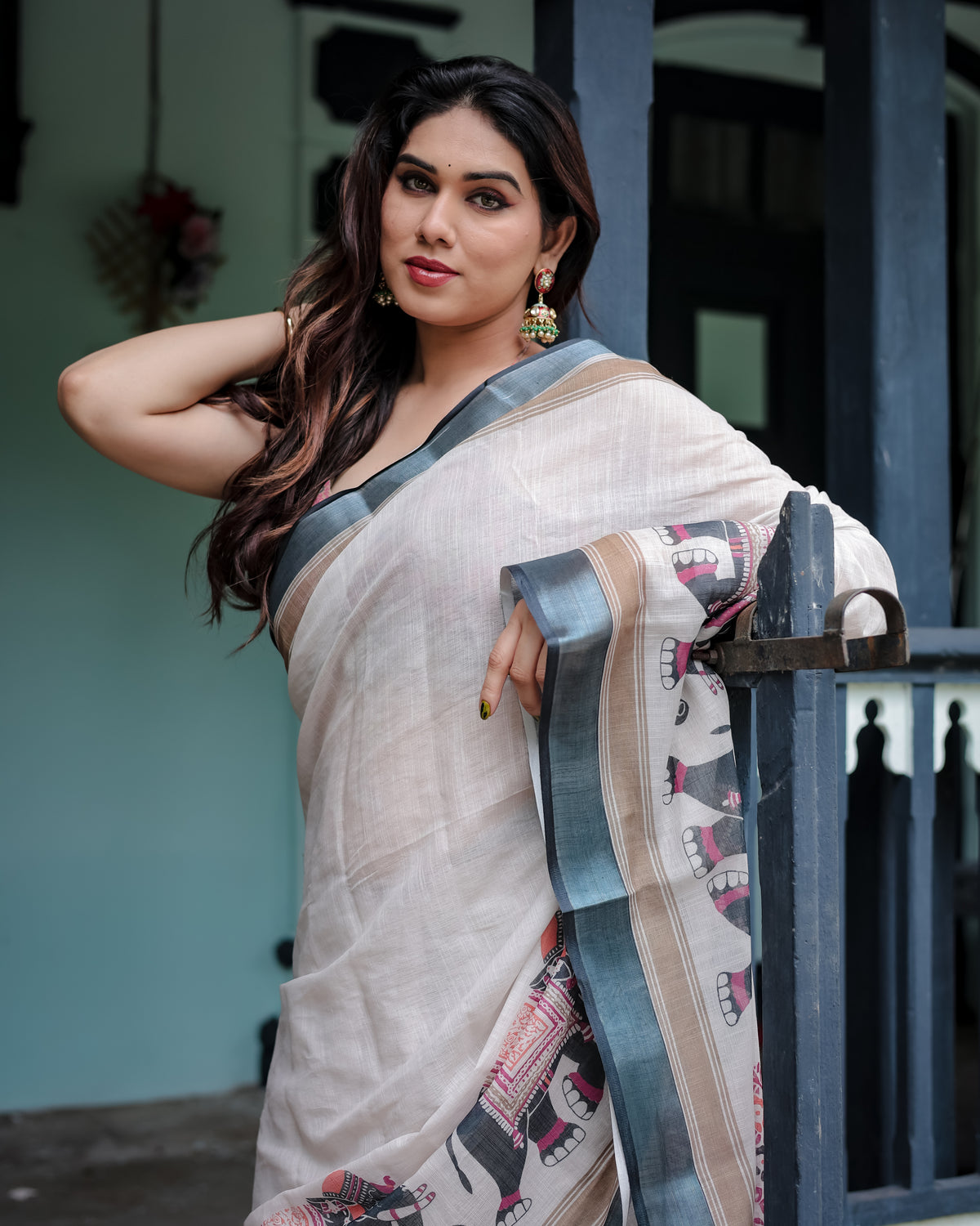 White Printed Saree with Elephant Motif and Grey Border