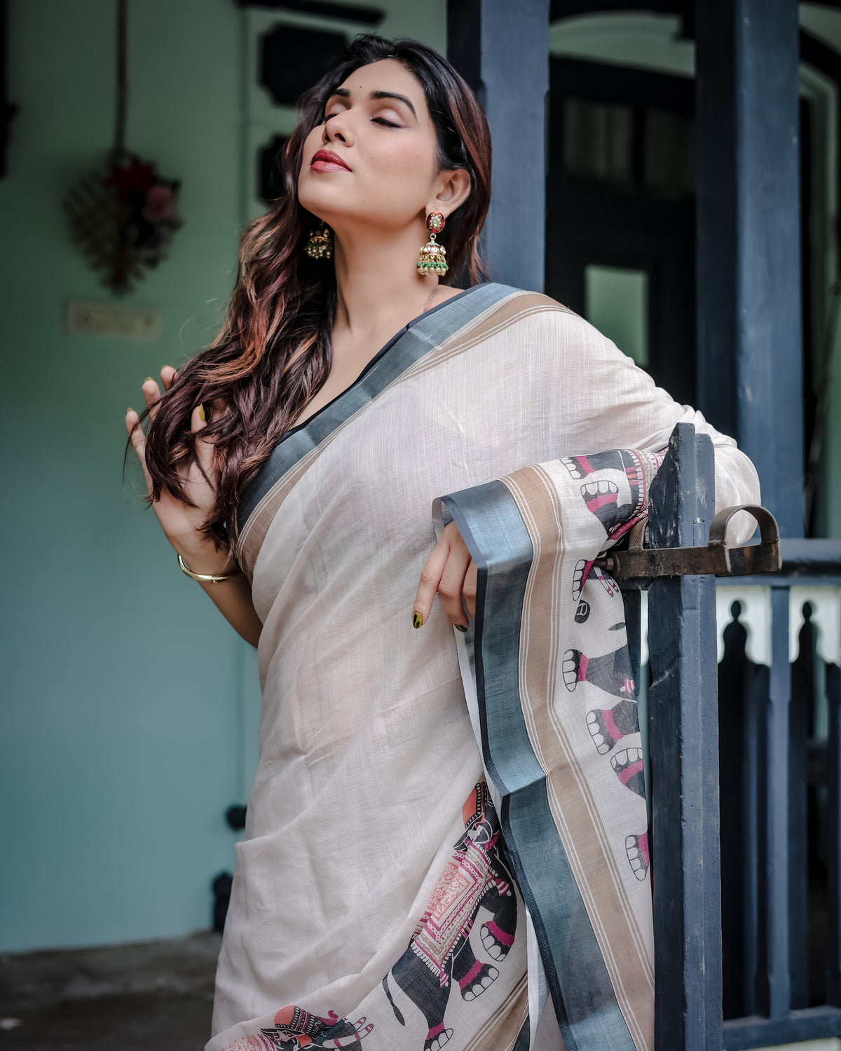 White Printed Saree with Elephant Motif and Grey Border