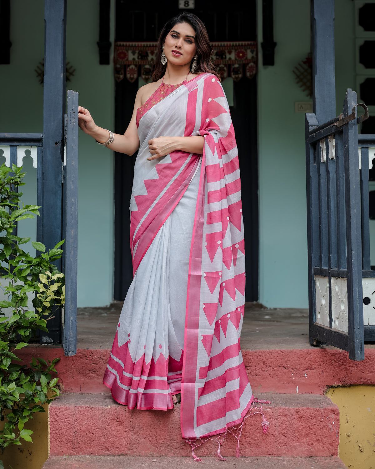 White and Pink Printed Saree with Geometric Border