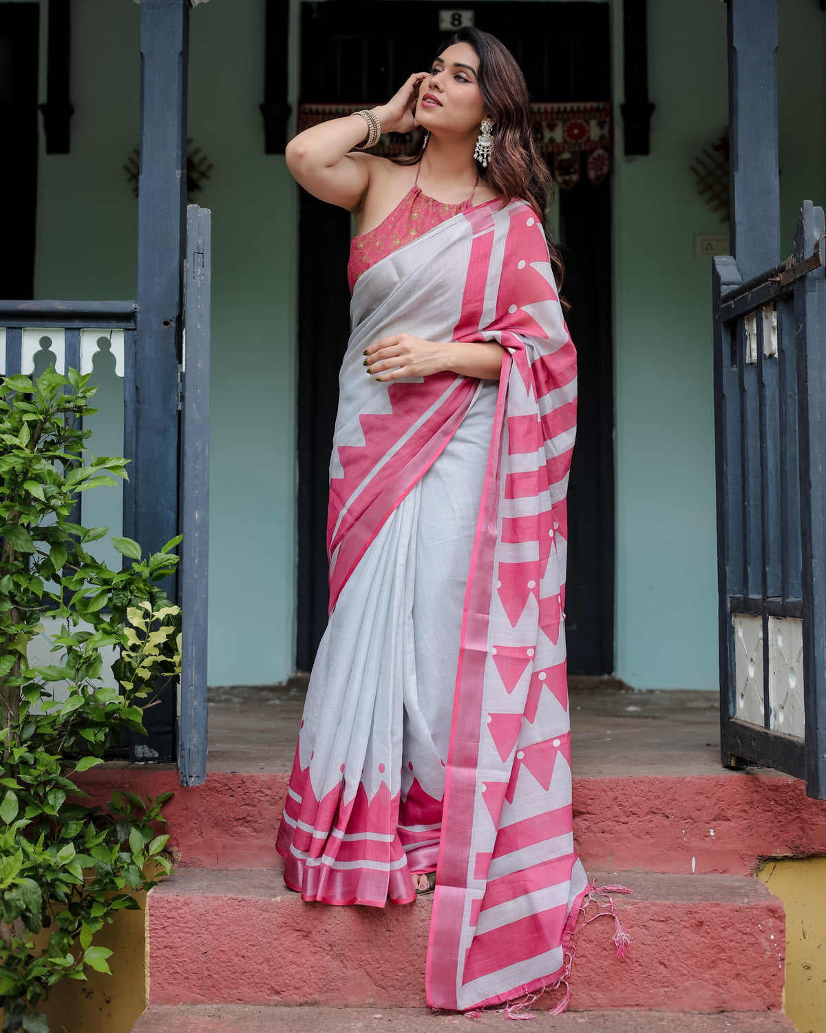 White and Pink Printed Saree with Geometric Border