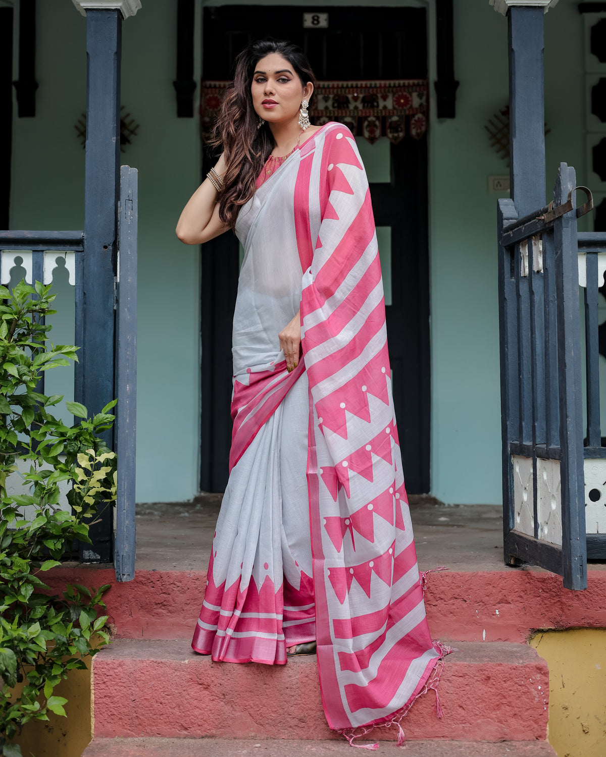 White and Pink Printed Saree with Geometric Border