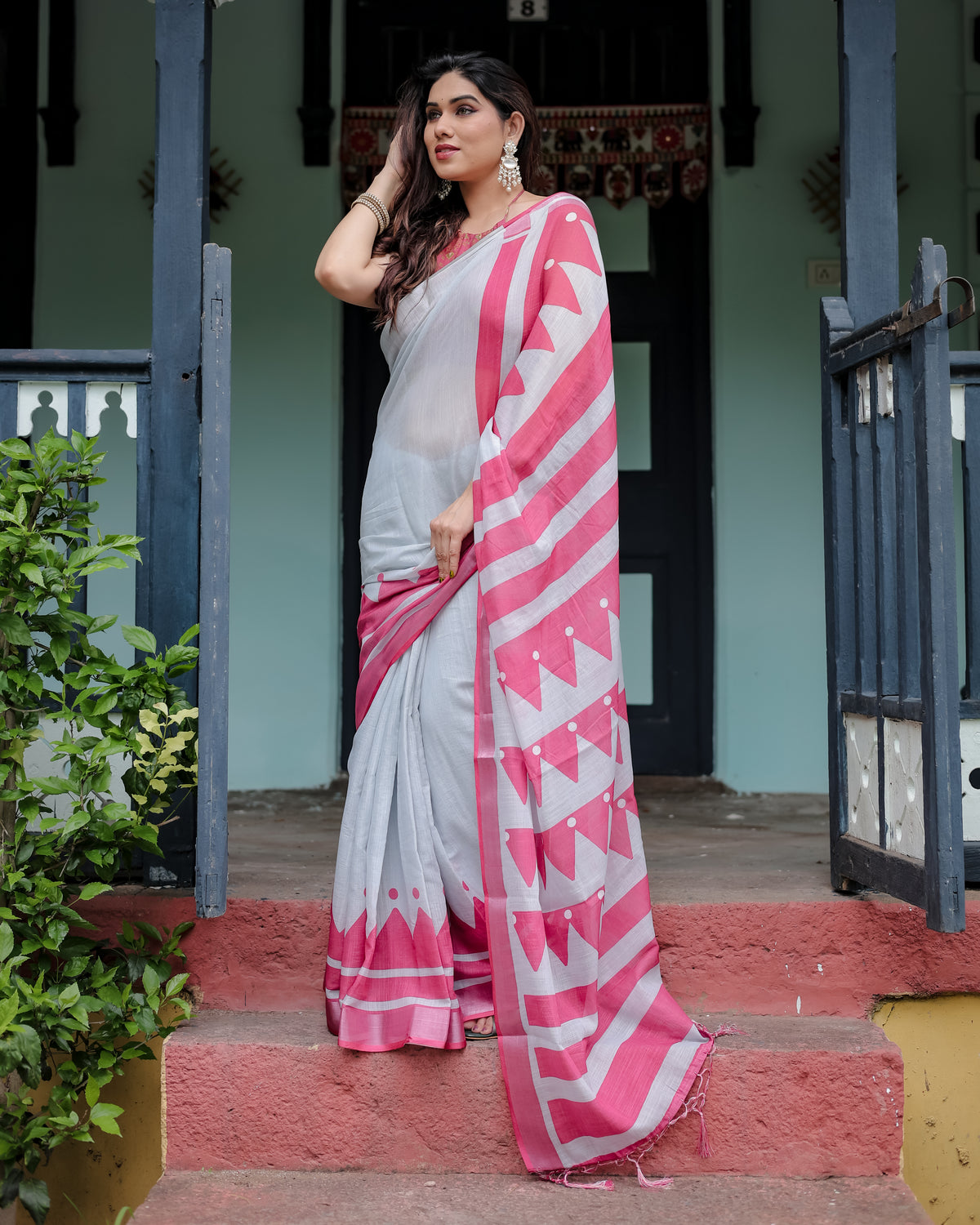 White and Pink Printed Saree with Geometric Border