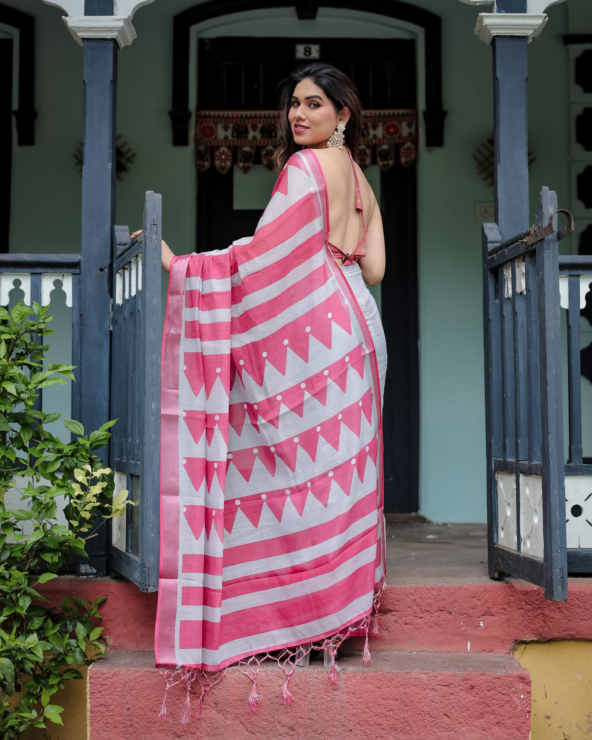 White and Pink Printed Saree with Geometric Border