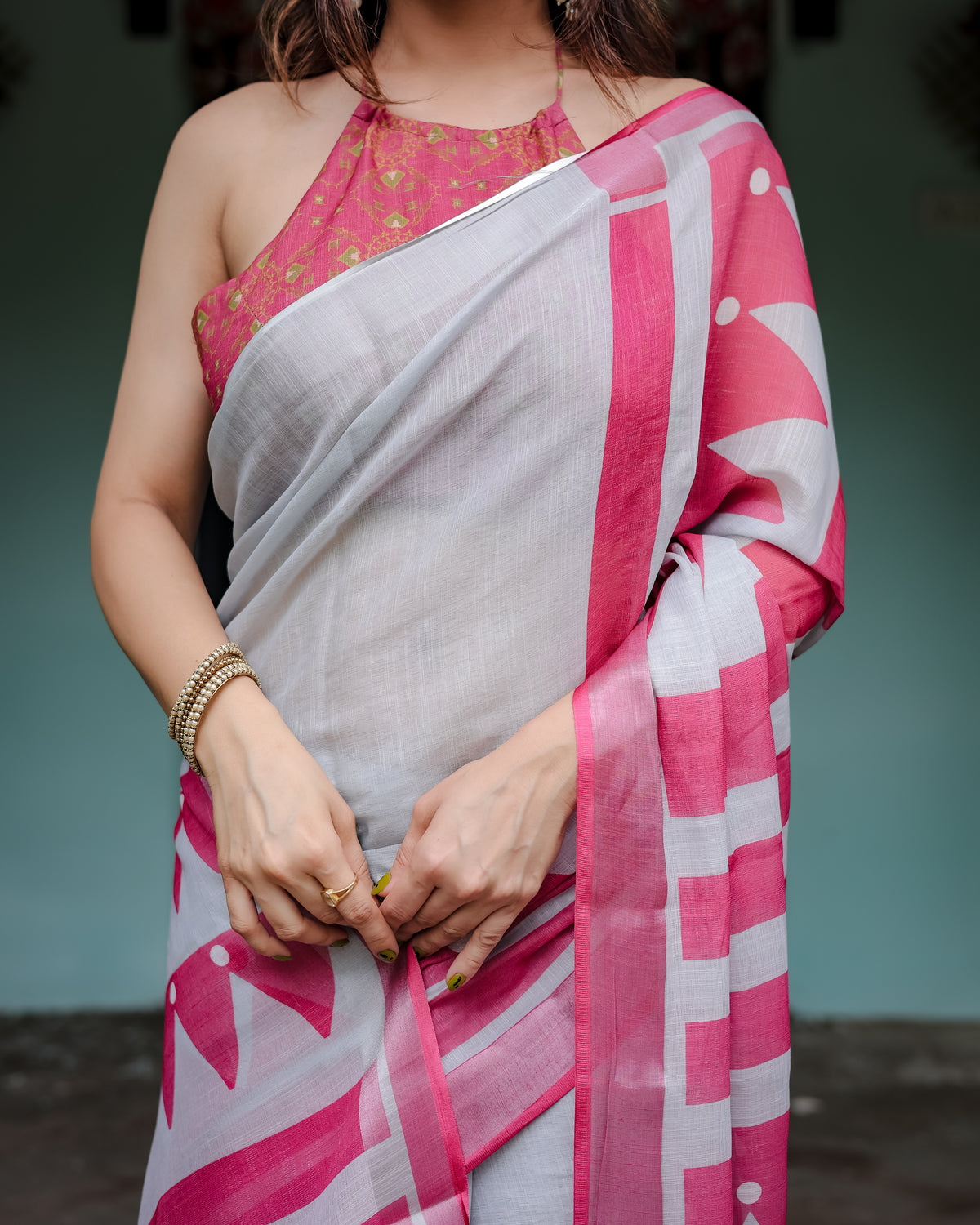 White and Pink Printed Saree with Geometric Border