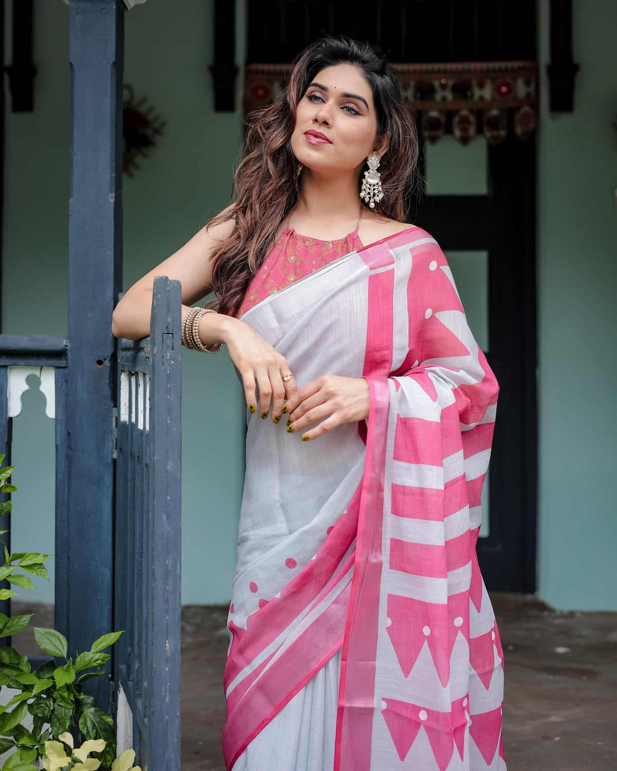 White and Pink Printed Saree with Geometric Border
