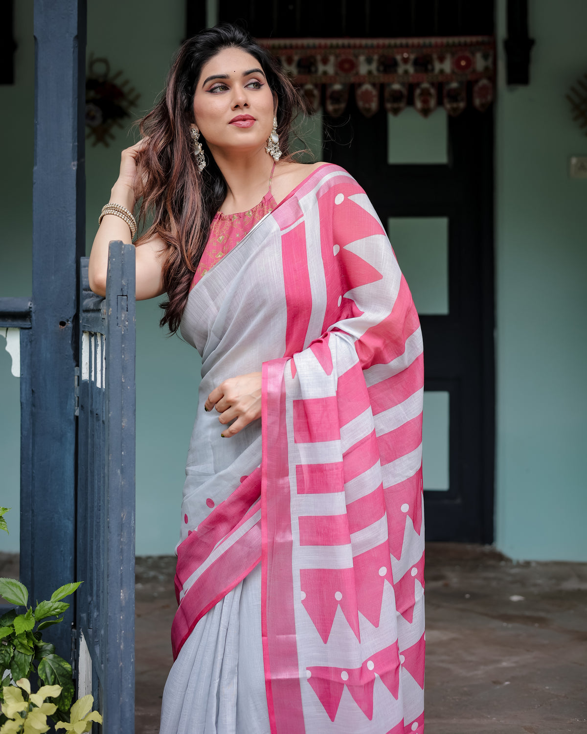 White and Pink Printed Saree with Geometric Border
