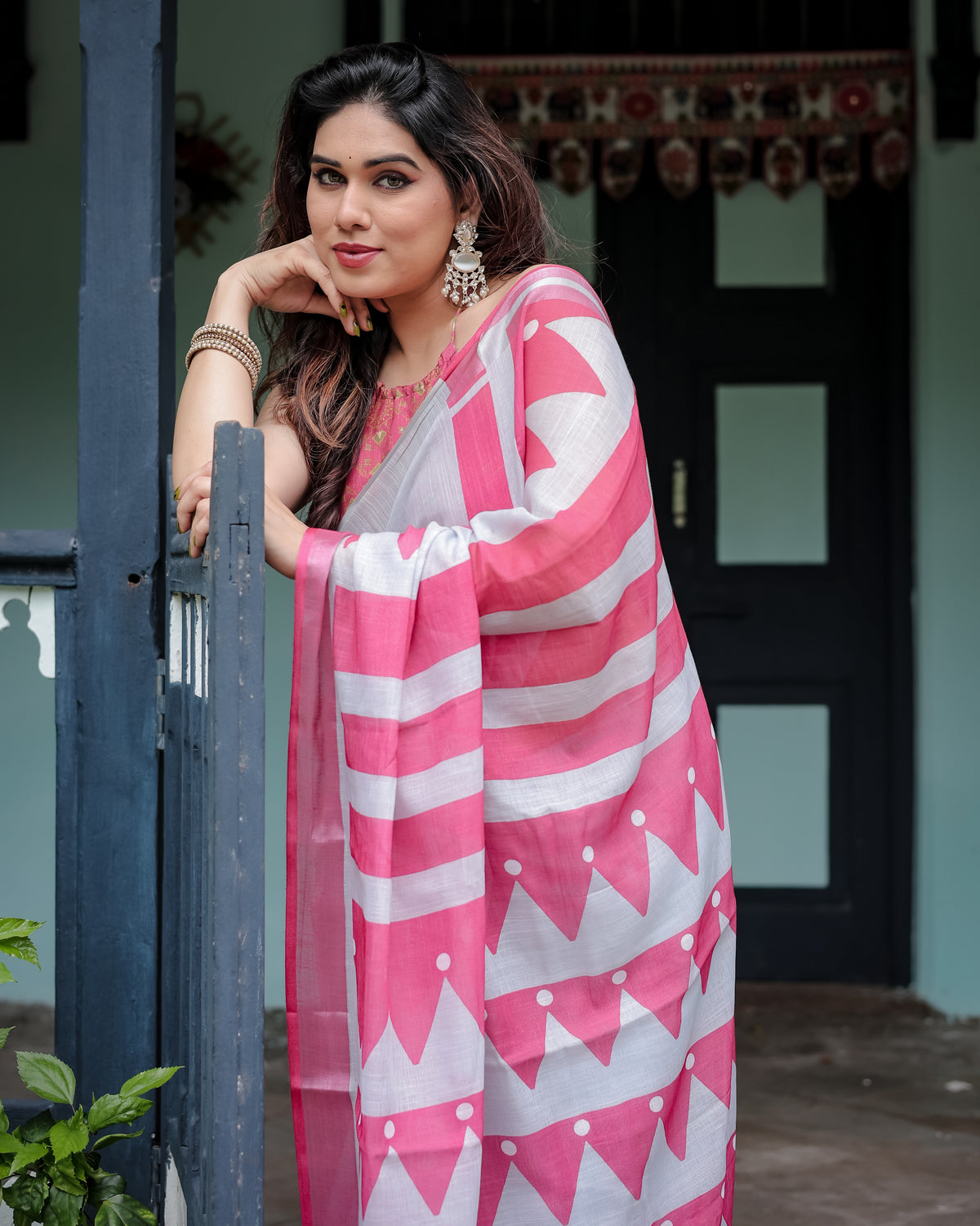 White and Pink Printed Saree with Geometric Border