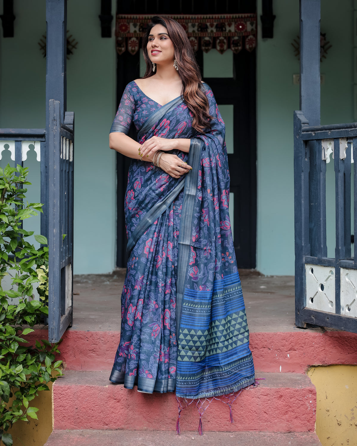 Navy Blue Floral Printed Saree with Designer Border