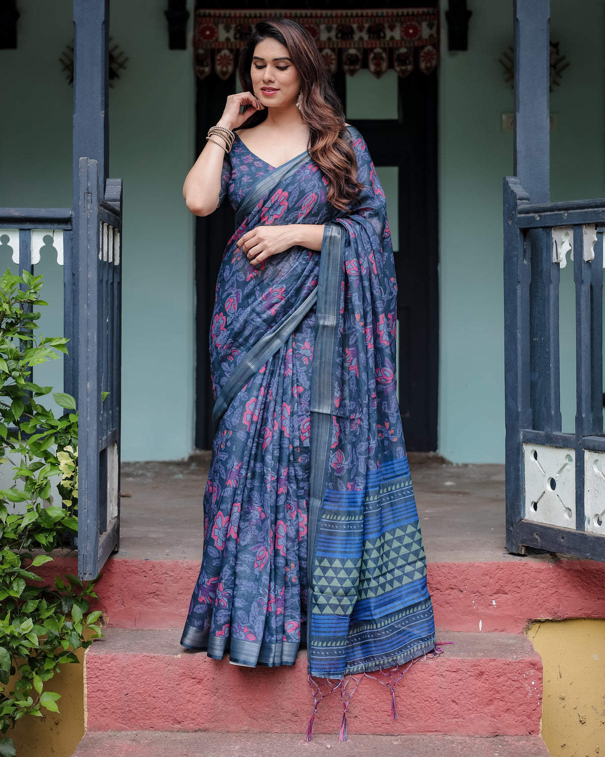 Navy Blue Floral Printed Saree with Designer Border
