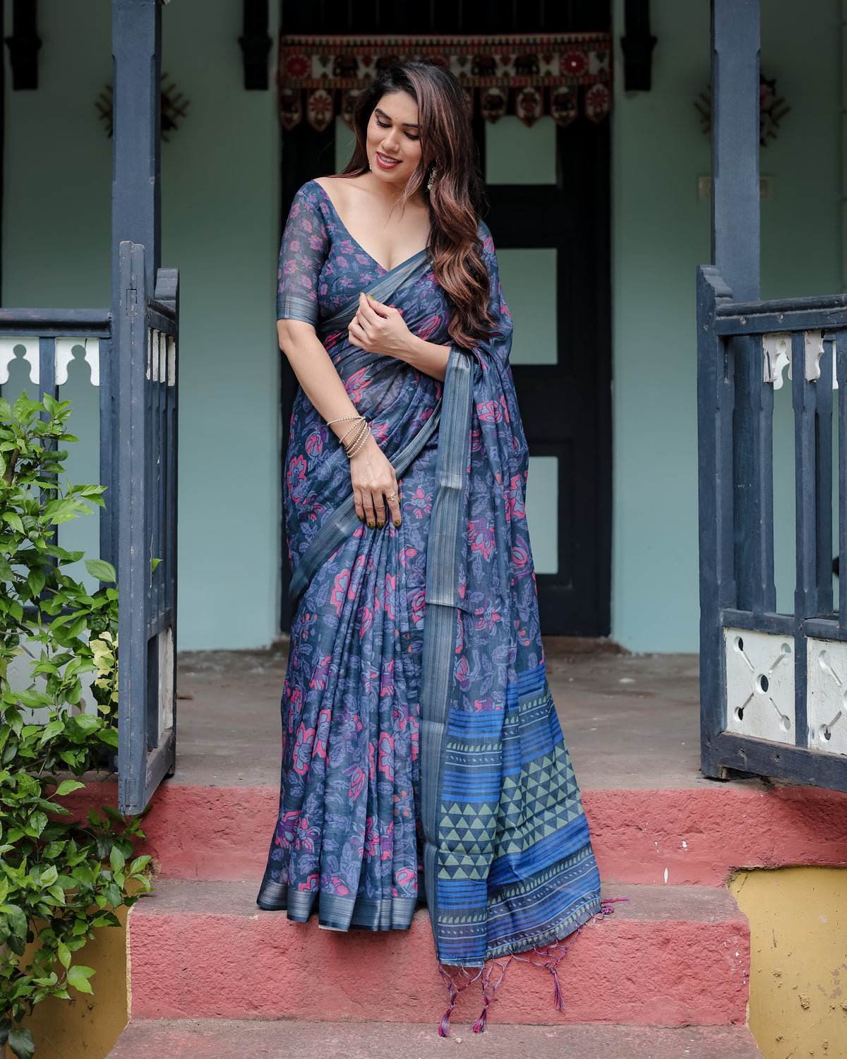 Navy Blue Floral Printed Saree with Designer Border