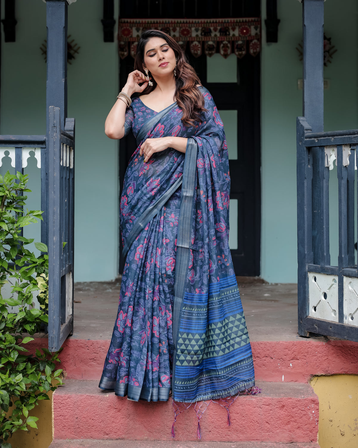 Navy Blue Floral Printed Saree with Designer Border